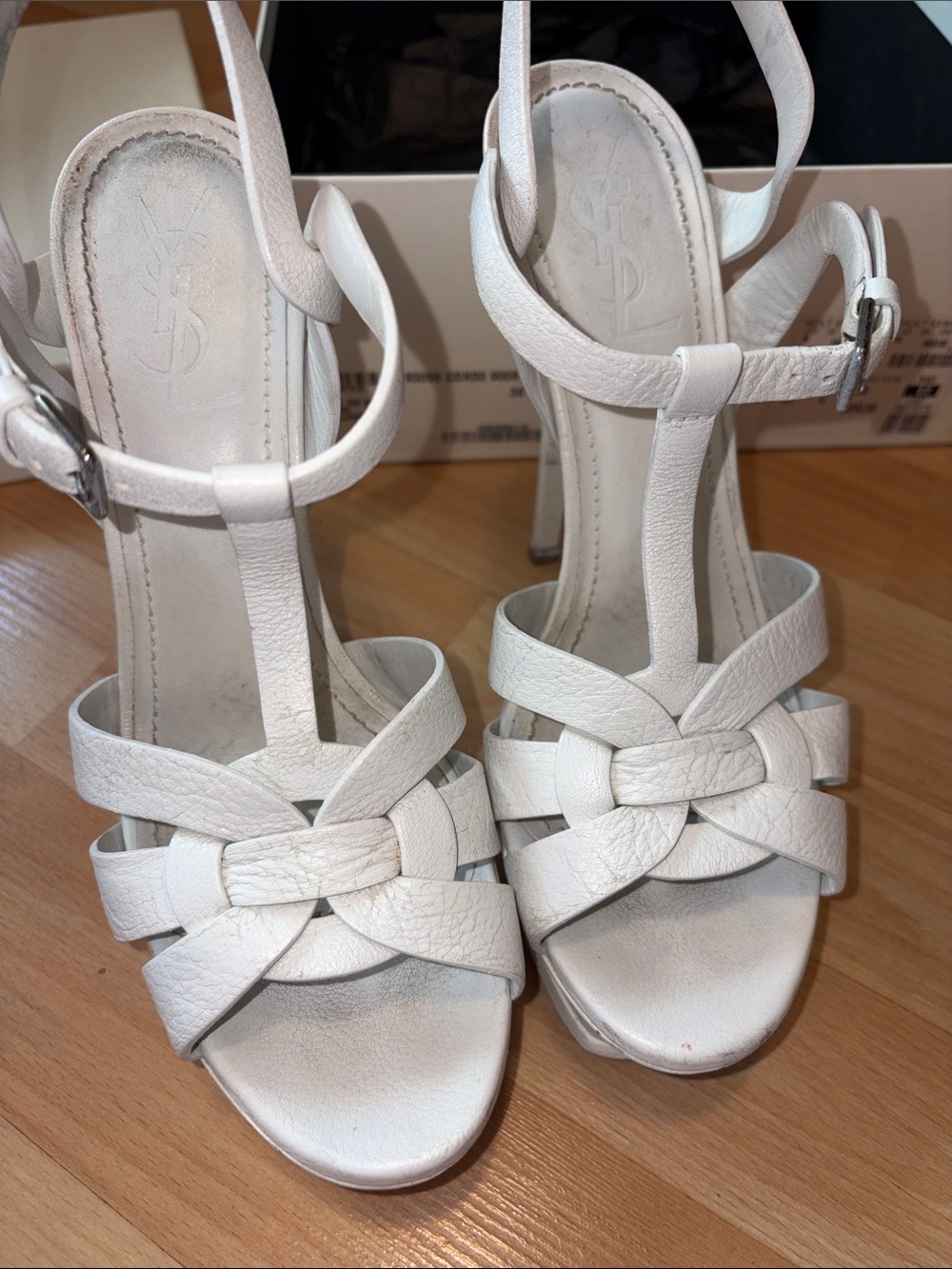 Saint Laurent White Knotted T-Strap Leather Heels